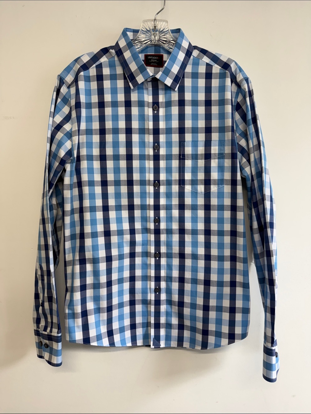 UNTUCKit HUDSON Men's Blue and White Multi-Check Button-Down Shirt, size M